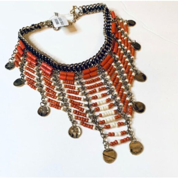 Free People Bahama Breeze Collar Necklace Red Beaded With Dangling Coins Chains - Picture 1 of 3